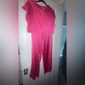 Satin Pink Crop top shirt size Large and Medium pants